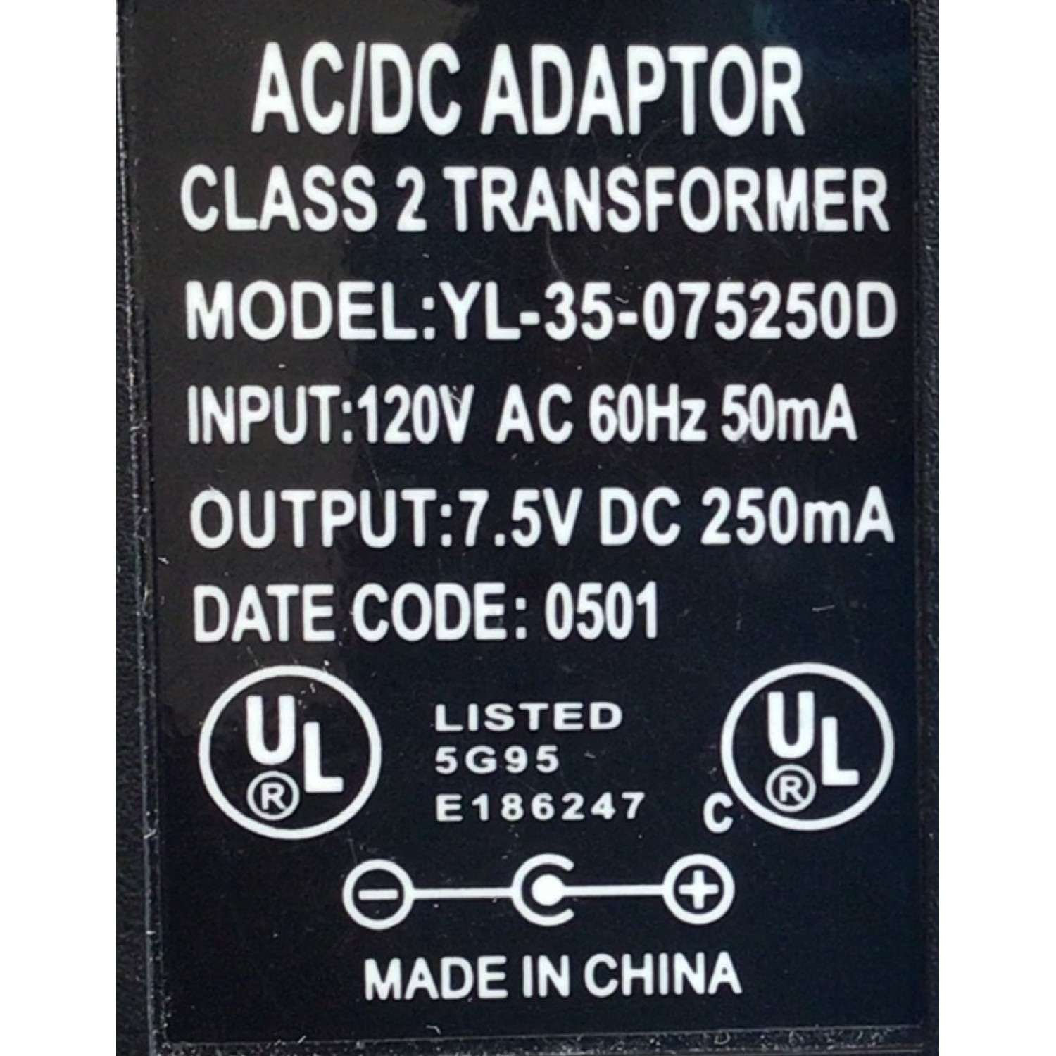 CARGADOR / ADAPTADOR DE FUENTE DE ALIMENTACION AC/DC ADAPTOR / NUMERO DE PARTE  0501 / ENTRADA VCA 120V 60HZ 50MA / SALIDA VCD 7.5V 250MA / MODELO TL-35-075250D - Imagen 3